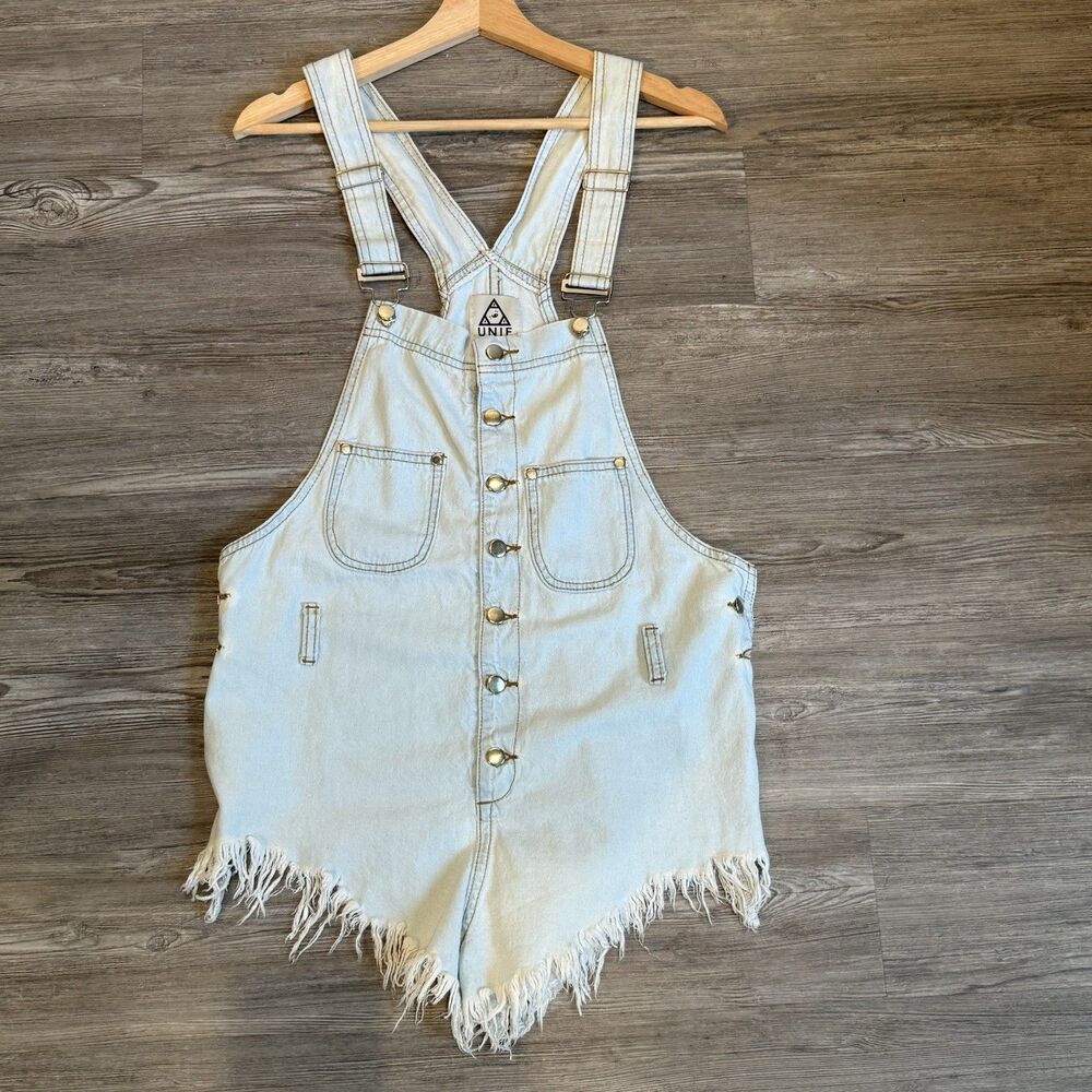 UNIF Fern Denim Shortall Light Wash Overall Shorts Romper XS Cutoff Fringe
